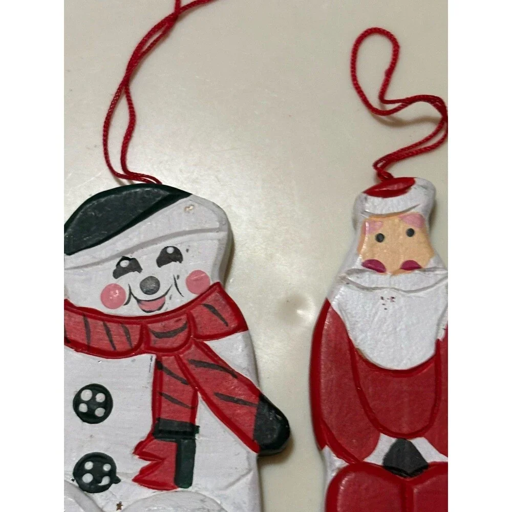 Wood Santa Snowman Shelf Sitters Ornaments Set of 2 Hand Painted Christmas